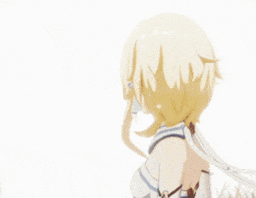 a blonde anime girl with a flower in her hair is smiling with her eyes closed