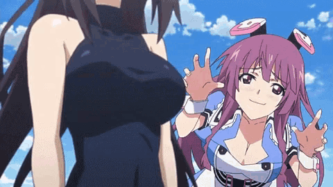 a girl with purple hair is giving a peace sign while another girl looks on