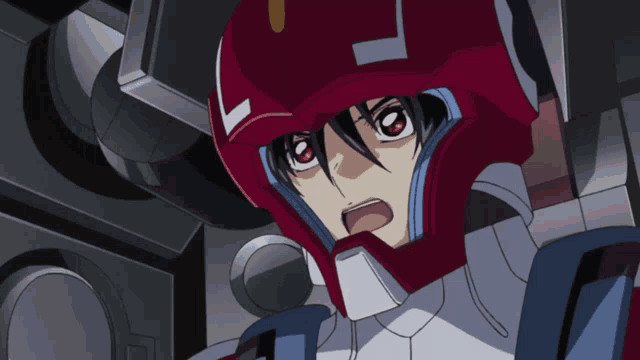 a close up of a robot with a red helmet with a l on it