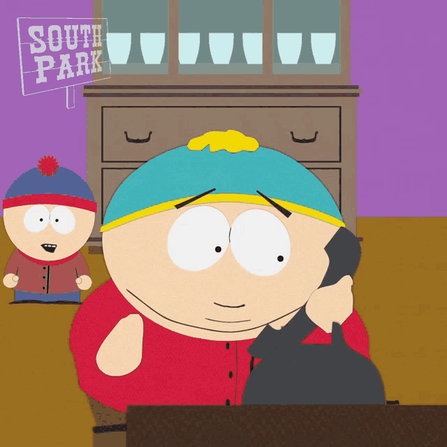 a cartoon character from south park is talking on a cell phone