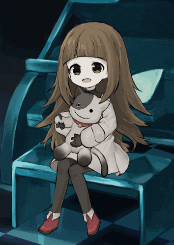 a girl with long hair is sitting on a chair holding a stuffed animal