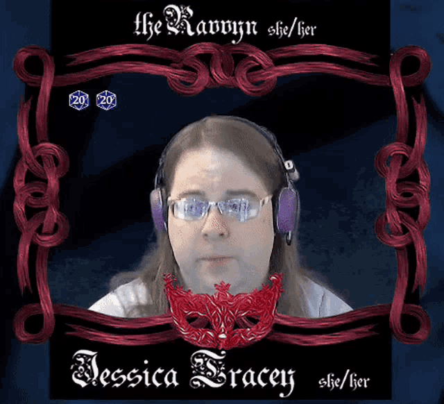 a picture of a woman with glasses and headphones with the name jessica bracey on the bottom