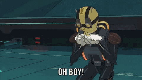 a cartoon character says oh boy in a futuristic setting