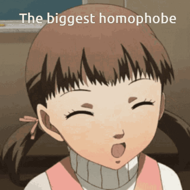 a picture of a girl with the words " the biggest homophobe " written above her