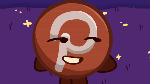 a cartoon character with a letter p on it 's face