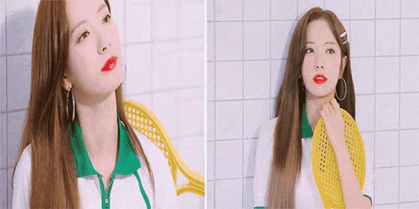 a woman with red lipstick is holding a tennis racket