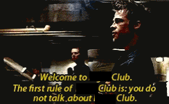 a man is talking to another man in a dark room and says welcome to club the first rule of club is you do not talk about club