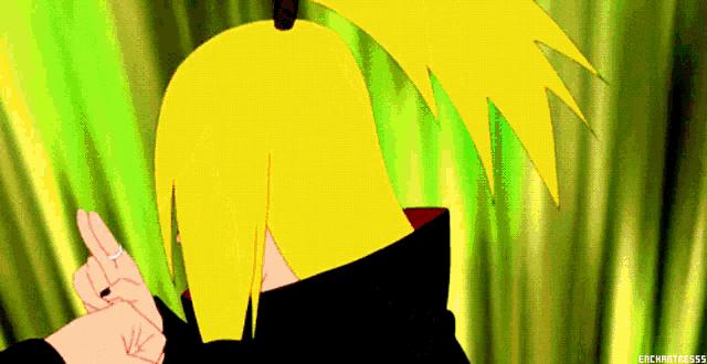 a drawing of a person with yellow hair and a green background with the hashtag enchanted555 at the bottom