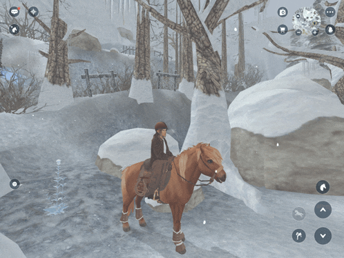 a person riding a horse in a snowy forest with a few buttons on the screen