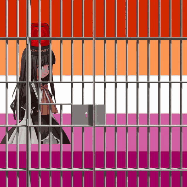 a girl in a jail cell wearing a red hat that says super puff