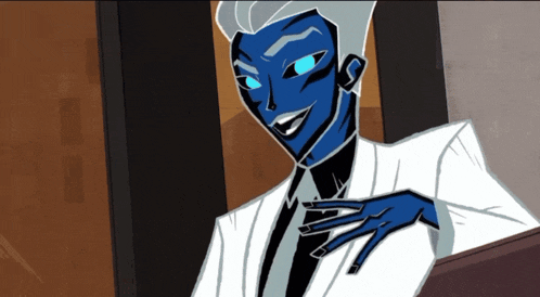 a cartoon of a man with blue eyes and a white suit