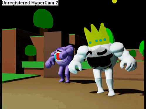 a purple monster and a white monster with a crown are in an unregistered hypercam