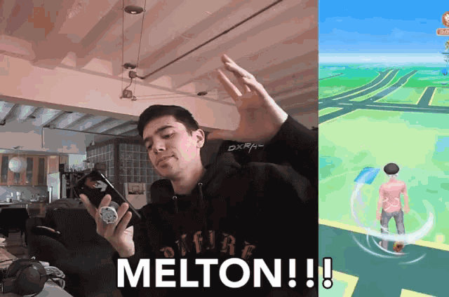 a man holding a phone next to a screen that says melton !!