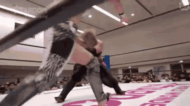 a woman is wrestling another woman in a wrestling ring in front of a crowd .