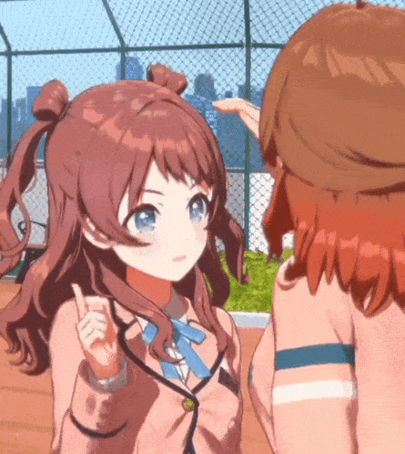 two anime girls are standing next to each other talking
