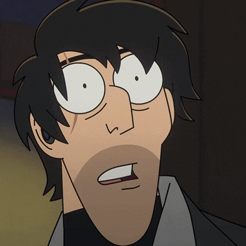 a close up of a cartoon character 's face with a surprised expression