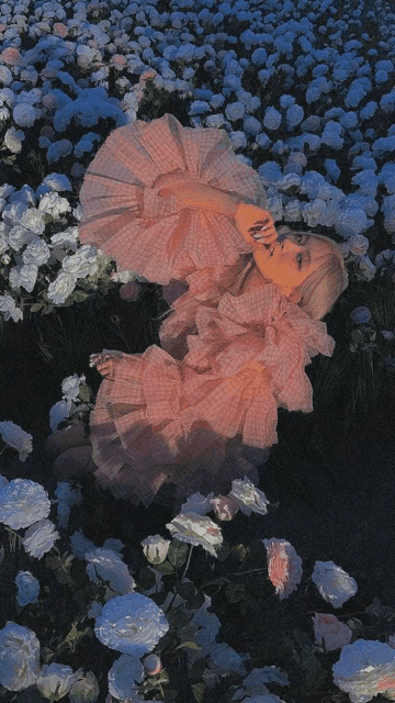 a girl in a pink dress is laying in a field of white flowers