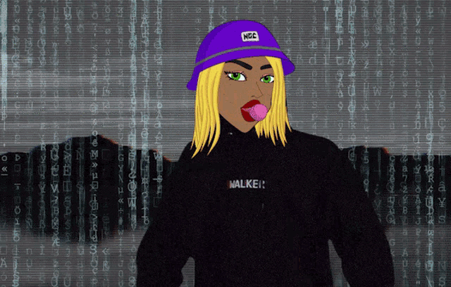a girl wearing a purple hat that says ngc