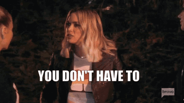 a woman in a leather jacket says " you don 't have to " while talking to another woman