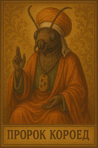 a painting of a bug wearing a turban and a necklace with the word prorok written on it