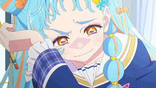 a pixel art of a girl with blue hair and purple eyes