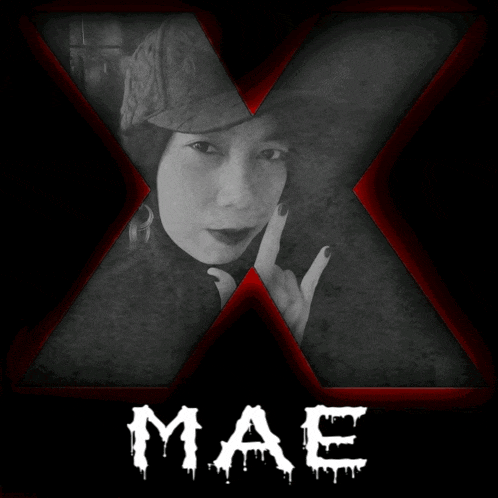 a black and white photo of a woman with the name mae in white letters