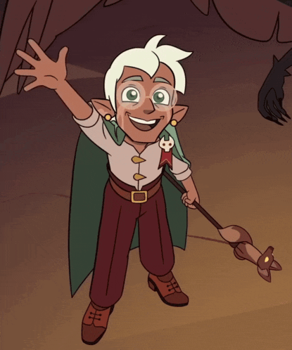 a cartoon character holding a wand and wearing a cape with a skull on it