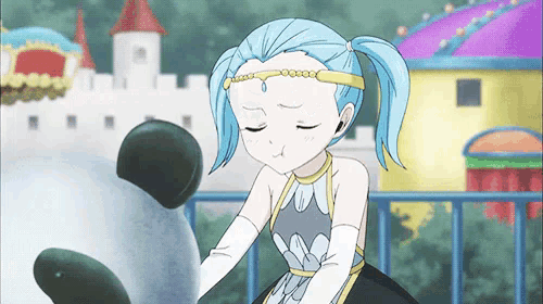 a girl with blue hair is standing in front of a castle with her eyes closed