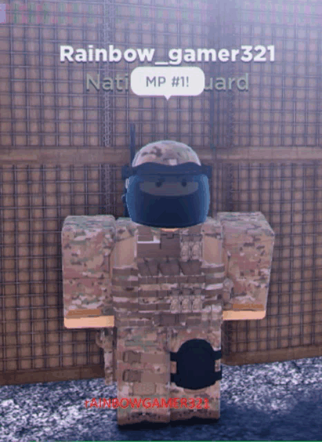 a video game character named rainbow_gamer321 stands in front of a fence