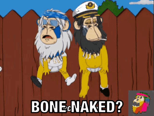 a cartoon of two monkeys standing next to a fence with the caption bone naked