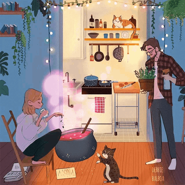 an illustration of a man and a woman in a kitchen with the name debbie balboa on the bottom