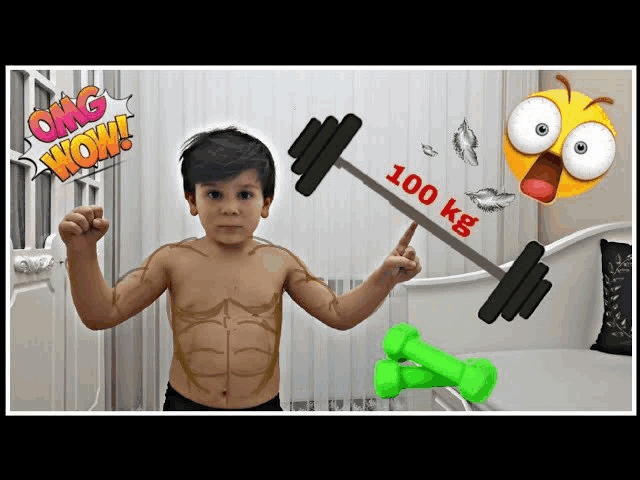 a boy with muscles is pointing at a barbell that says 100 kg on it