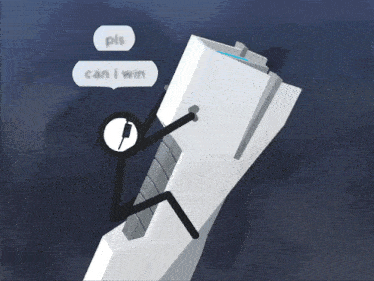a stick figure is standing on a white object with a can i win speech bubble above it