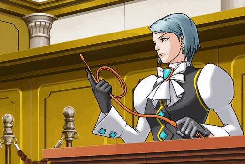 a cartoon drawing of a woman holding a whip in a courtroom