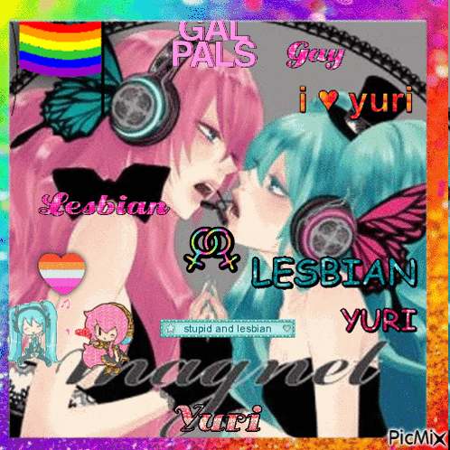 a picture of two girls with headphones and the words gay pals and lesbian yuri