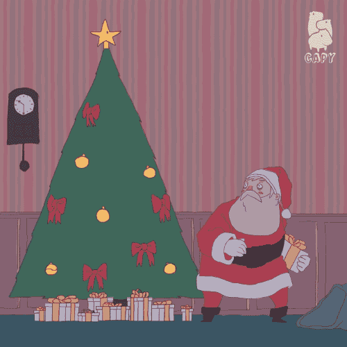 a cartoon of a man holding a tray next to santa