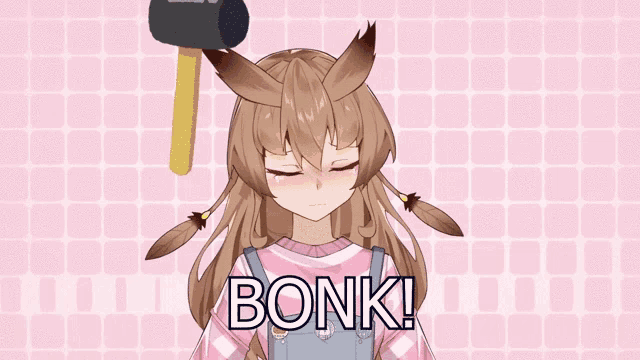 a girl with horns is holding a hammer and the word bonk is above her