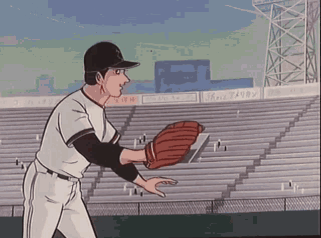 a cartoon of a baseball player getting ready to catch a ball in a stadium