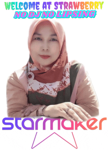 a woman in a hijab is sitting in front of a sign that says welcome at strawberry no dj no lipsing
