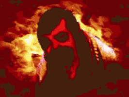 a pixelated image of a man with red eyes and a beard