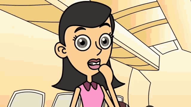 a cartoon of a girl with big eyes and a pink top
