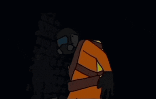 a cartoon character wearing a gas mask and gloves is standing in the dark .