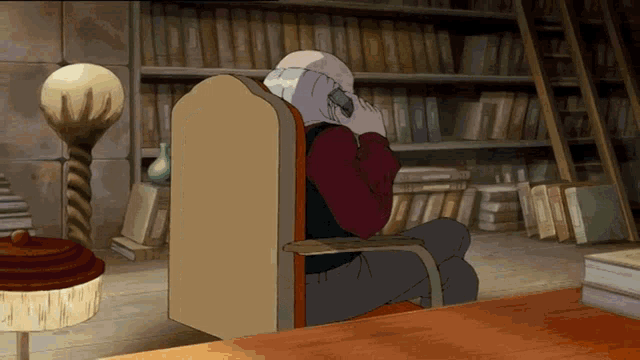 a cartoon character is sitting in a chair talking on a cell phone