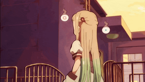 a girl with long blonde hair is standing in front of a building with a ghost in her hair