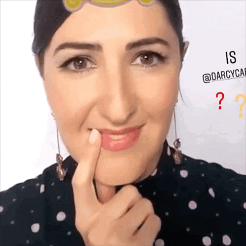 a woman wearing a polka dot shirt and earrings is making a funny face with a question mark behind her