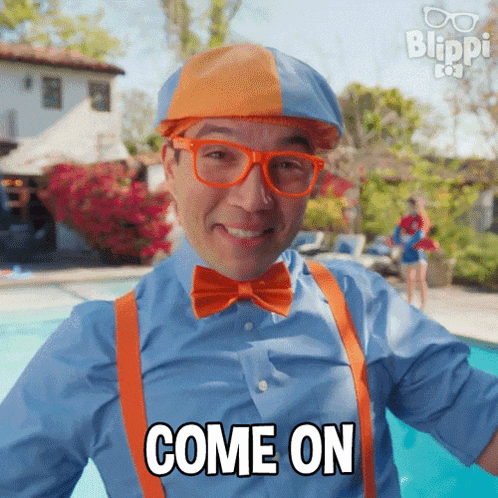 a man with a bow tie and suspenders says come on in front of a pool