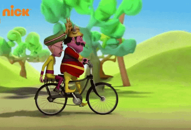 two cartoon characters are riding a bicycle with a nick logo in the background