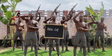 a group of men holding guns holding a sign that says blube gap