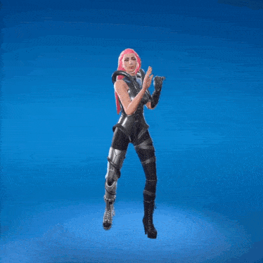 a woman with pink hair is jumping in the air with her hands in the air