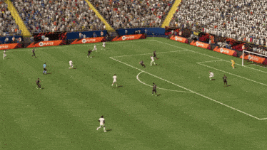 a soccer game is being played in a stadium with banners for fifa 22 and kirklees dons